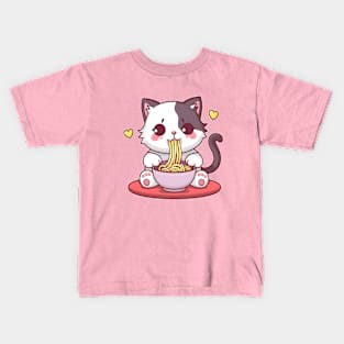 Kawaii Cat Enjoying Eating Ramen Noodles Kids T-Shirt